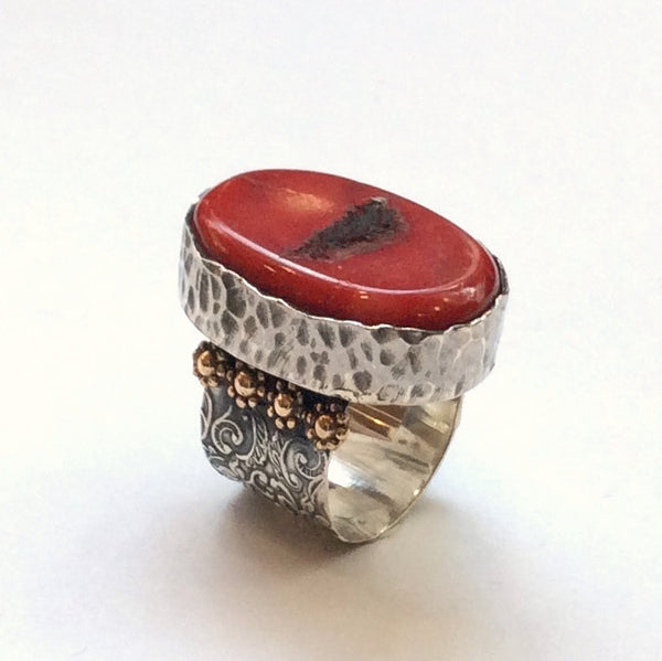 Red coral ring, large stone ring, wide silver band, modern ring, boho ring, silver gold ring, engagement ring, OOAK - You know me R2358