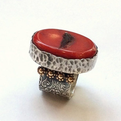 Red coral ring, large stone ring, wide silver band, modern ring, boho ring, silver gold ring, engagement ring, OOAK - You know me R2358