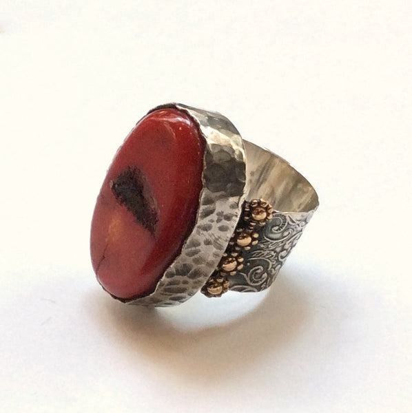 Red coral ring, wide silver band, modern ring, large stone ring, boho ring, silver gold ring, engagement ring, OOAK - You know me R2358