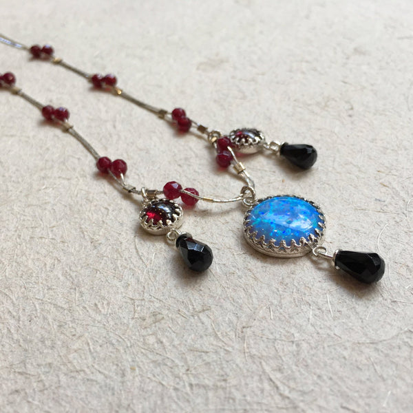 blue opal pendant, Opal stone necklace, Sterling silver necklace, onyx rubies pendant, beaded chain, chandelier - Ancient treasures N2034
