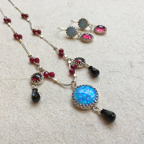 blue opal pendant, Opal stone necklace, Sterling silver necklace, onyx rubies pendant, beaded chain, chandelier - Ancient treasures N2034