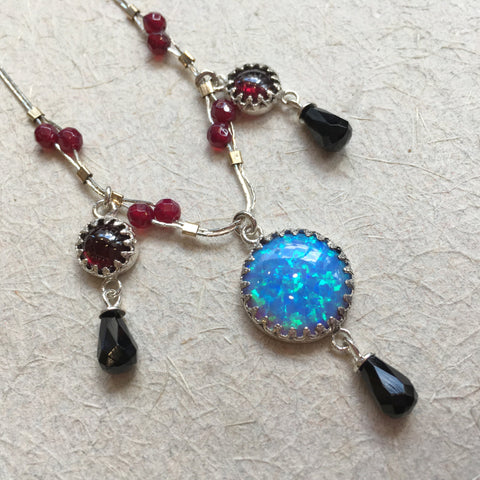 blue opal pendant, Opal stone necklace, Sterling silver necklace, onyx rubies pendant, beaded chain, chandelier - Ancient treasures N2034