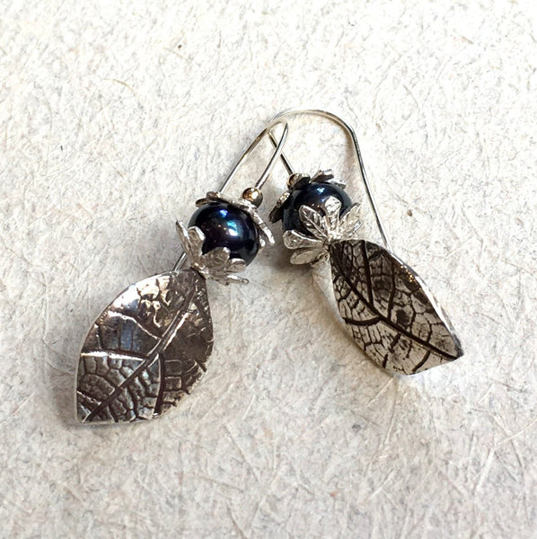 Sterling silver leaf earrings, woodland earrings, botanical earrings, dangle lapis earrings, botanical earring - fall abstraction E8038