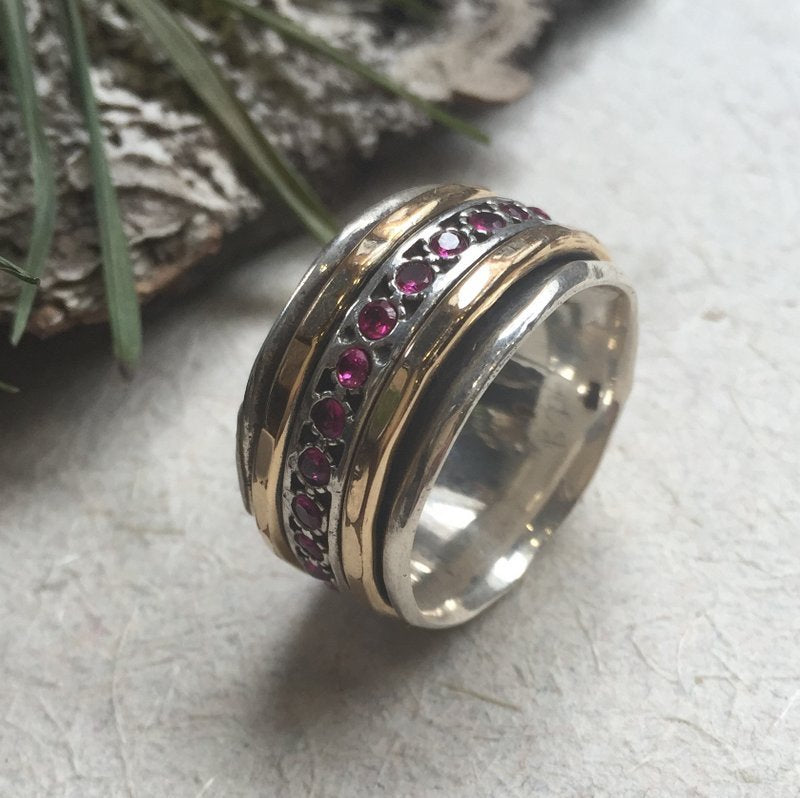 Meditation Ring, silver band, ruby ring, stacking spinner ring, wide silver ring, wedding ring, pink stones ring - Ruby Tuesday,  R1075L