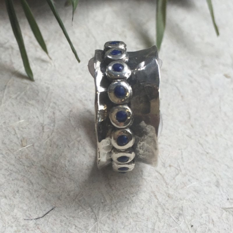 Blue lapis ring, spinner ring, Silver wedding band, bohemian anxiety ring, boho ring, multi stone ring, gypsy ring - Cocktail party R2074-2