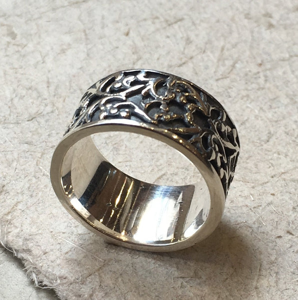 Sterling Silver band,  Filigree Band, wedding band, statement ring, art nouveau ring, unisex band, wide silver band, oxidized - Karma R1146S