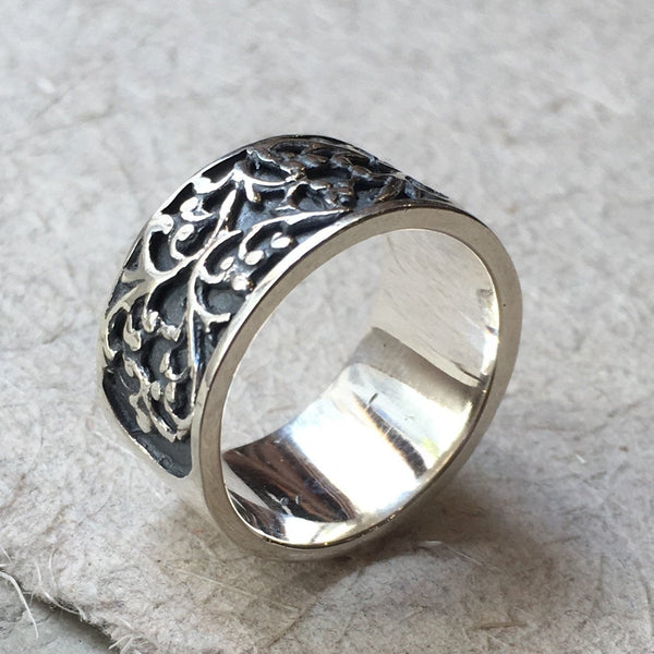 Sterling Silver band,  Filigree Band, wedding band, statement ring, art nouveau ring, unisex band, wide silver band, oxidized - Karma R1146S