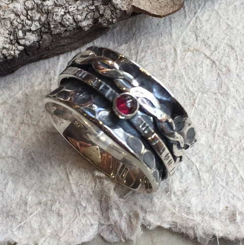 Engagement wedding bands, Sterling silver ring, red garnet ring, gemstone ring,spinners ring, wide silver band - Just the two of us R2130-1