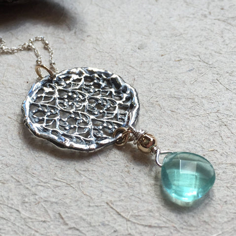 Silver gold pendant, round lace necklace, round pendant, apatite necklace, large pendant, bridal necklace, simple - Silver Lace N2035