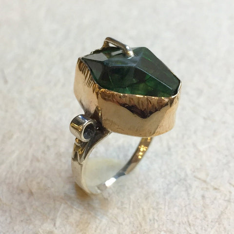 One Of A Kind Green quartz silver gold ring - Mermaid R2392