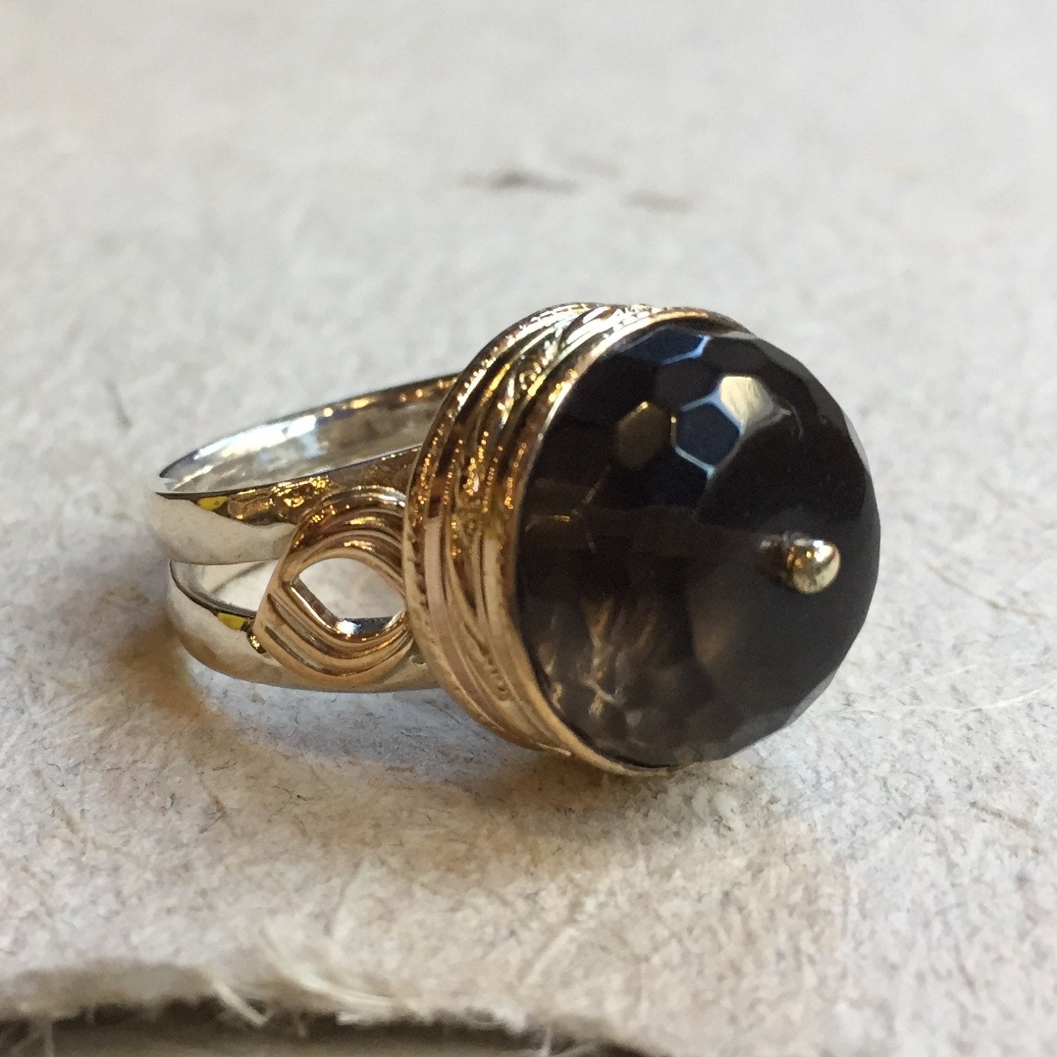 Smoky quartz ring, Sterling silver Gold ring, gemstone ring, stone ring, silver band, statement ring, cocktail ring - Smoke on water R2393