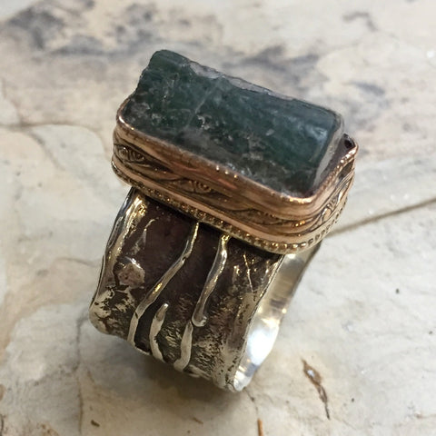 OOAK Organic ring, sterling Silver gold Band, wide silver band, olive green tourmaline ring, oxidized ring, one of a kind - Valley R2396