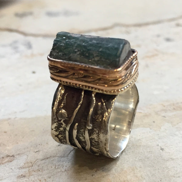 OOAK Organic ring, sterling Silver gold Band, wide silver band, olive green tourmaline ring, oxidized ring, one of a kind - Valley R2396