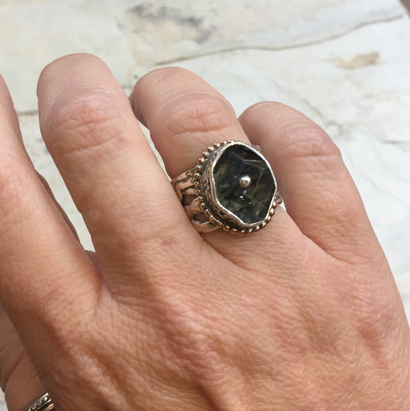 Rutilated quartz ring, OOAK Organic ring, sterling Silver gold Band, wide silver band, oxidized ring, one of a kind - Desert skies R2395