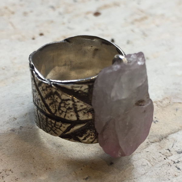 Silver Wedding band, boho ring, nature band, raw pink quartz ring, OOAK ring, wide silver band, unique engagement ring - Savasana R2397