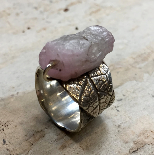 Silver Wedding band, boho ring, nature band, raw pink quartz ring, OOAK ring, wide silver band, unique engagement ring - Savasana R2397