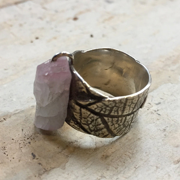 Silver Wedding band, boho ring, nature band, raw pink quartz ring, OOAK ring, wide silver band, unique engagement ring - Savasana R2397