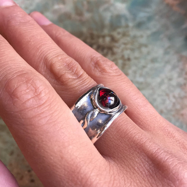 Wide silver Ring, Garnet ring, infinity ring, silver band, wedding engagement ring, red stone ring, January birthstone - My little one R2399