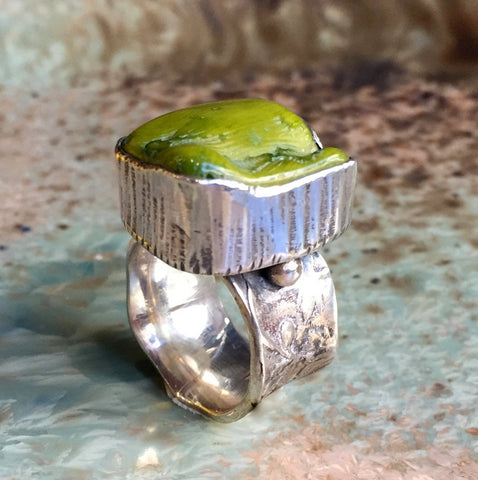 OOAK Green coral ring,  silver ring, statement ring, modern ring, raw gemstone ring, boho ring, cocktail ring, One Of A Kind - Oasis R2400