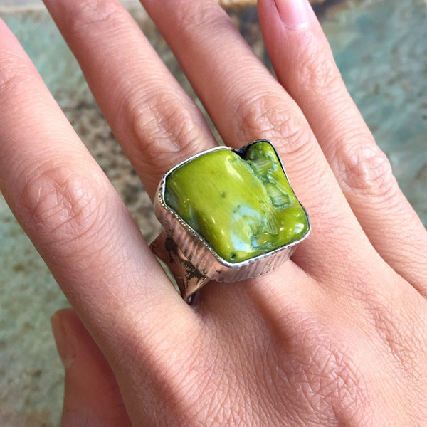 OOAK Green coral ring,  silver ring, statement ring, modern ring, raw gemstone ring, boho ring, cocktail ring, One Of A Kind - Oasis R2400