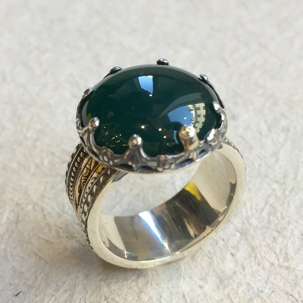 Silver gold crown ring, forest green agate ring, gypsy spinner ring, meditation ring, two tone gold filigree ring - Into The Mist R2305-4