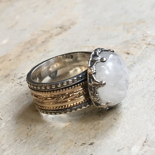 Moonstone ring, spinner ring women, wedding band, Silver gold ring, meditation ring, two tone band,  filigree ring - Into The Mist R2305-2