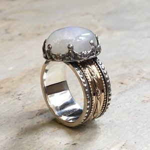 Moonstone ring, spinner ring women, wedding band, Silver gold ring, meditation ring, two tone band,  filigree ring - Into The Mist R2305-2