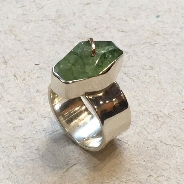 OOAK ring, Green quartz ring, organic design ring, boho ring, hippie ring, cocktail ring, silver gold ring, twotone ring - Tango R2364