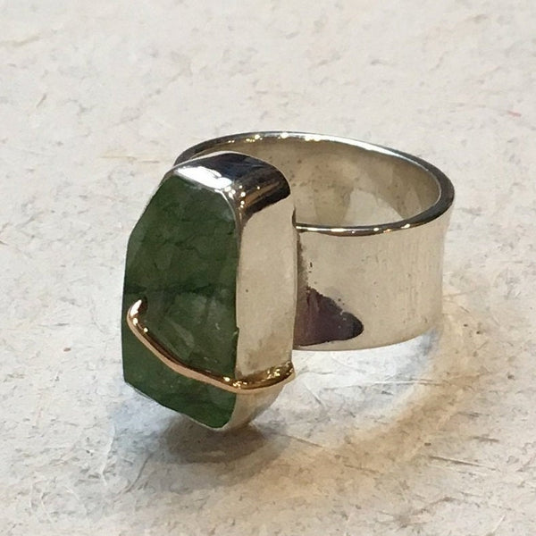 OOAK ring, Green quartz ring, organic design ring, boho ring, hippie ring, cocktail ring, silver gold ring, twotone ring - Tango R2364