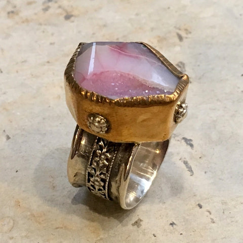 Raw Pink agate ring, wedding engagement ring, Silver gold ring, OOAK ring,  spinner ring, two tones ring, floral ring - Warm welcome R2365