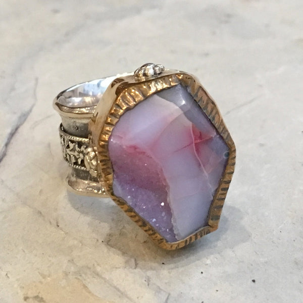 Raw Pink agate ring, wedding engagement ring, Silver gold ring, OOAK ring,  spinner ring, two tones ring, floral ring - Warm welcome R2365