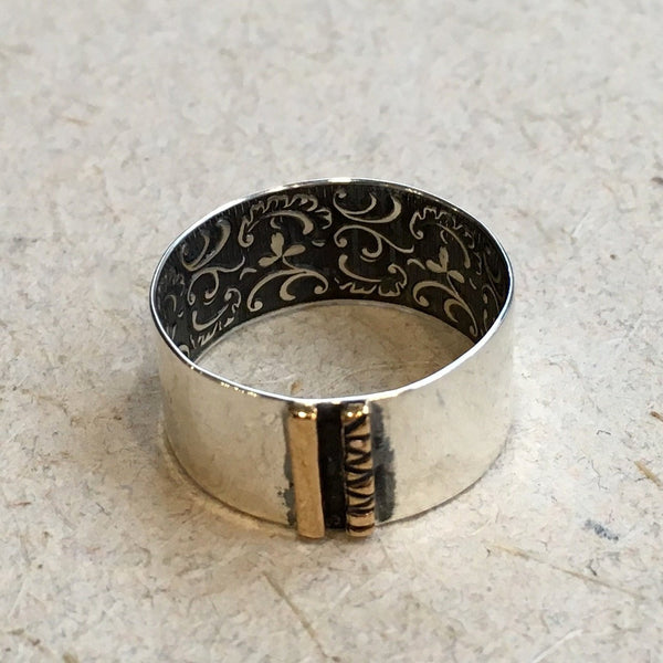 Mens and Womens band, Silver gold matching bands, woodland band, unisex band, botanical band, wide ring, floral ring - Voyage  R2366