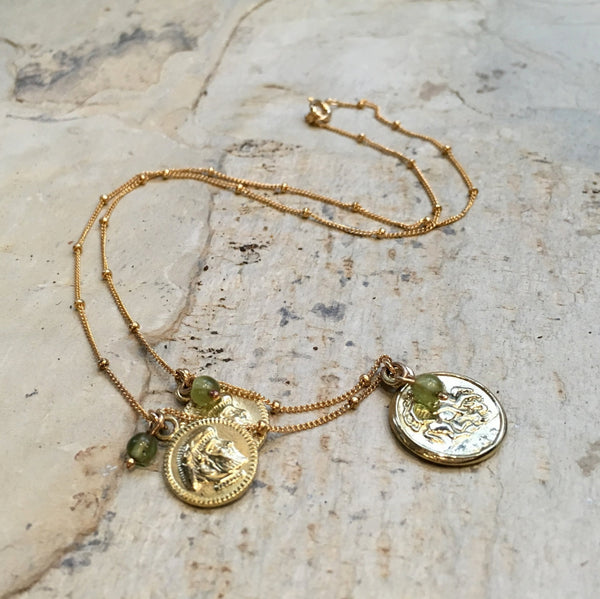 Gold coins necklace, charm pendant, green quartz Necklace, gemstone necklace, gold filled necklace, delicate chain - A place for two N2030