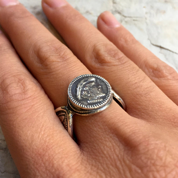 Sterling Silver coin ring, unisex ring, leaves ring, cocktail ring, coin jewelry, wide band, biker ring, rustic ring - Dark evening R2406