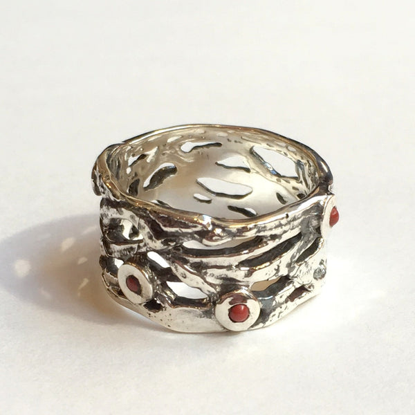 Wide ring, tribal Band, sterling silver band, red coral ring, Tibetan ring, multistone ring, mothers ring, thumb ring - Spice girl R1378