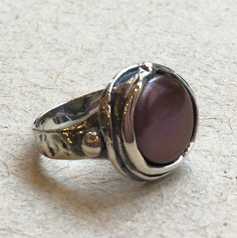 Black Pearl Ring,  silver ring, oxidised ring, hammered ring, statement cocktail ring, Coin pearl engagement ring - Vanilla ice R1470-15