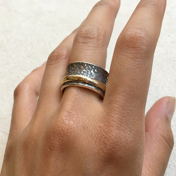 Silver gold ring, spinner ring, Silver wedding band, spinner band, twotone ring, Textured band, wide band, wedding ring - One dance R2369