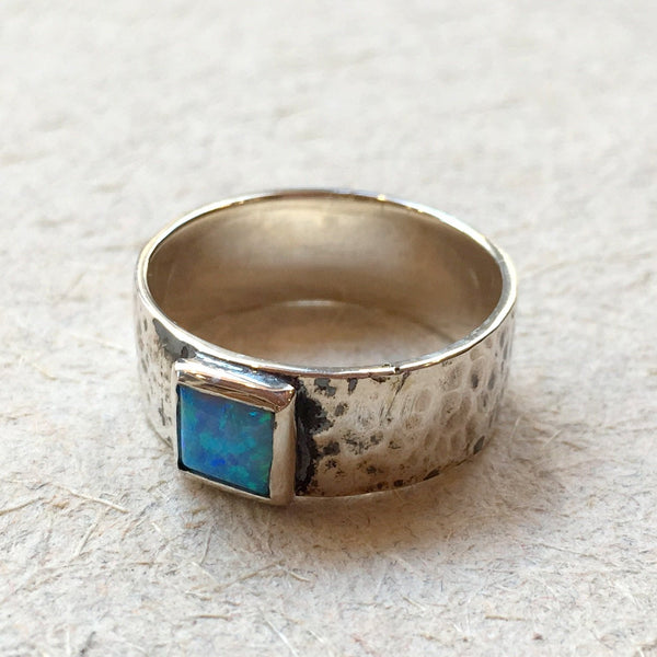 Two tone Statement Ring, Cocktail Ring, hammered band, opal Ring, Unique Ring, boho Ring, modern ring, square opal Ring - Dream far R2370