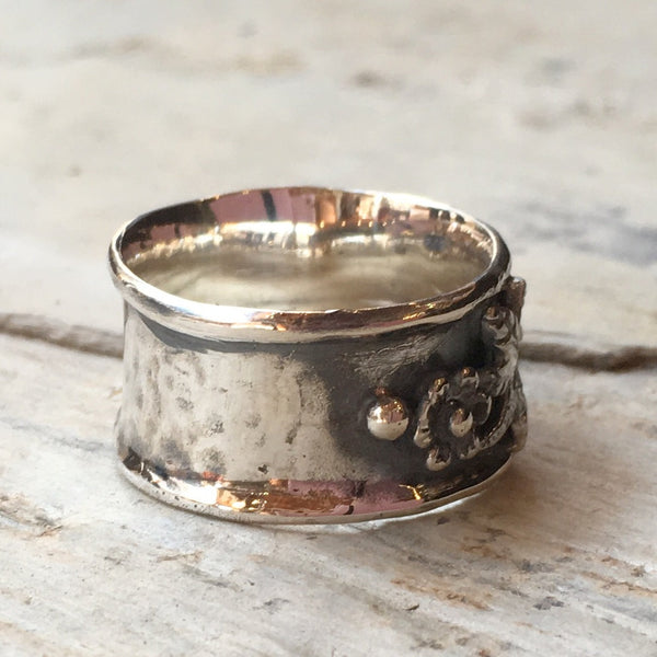 Flowers ring, Sterling silver band, Boho ring, bohemian ring, floral ring, wide oxidised band, floral band, simple band - Floral day R2371