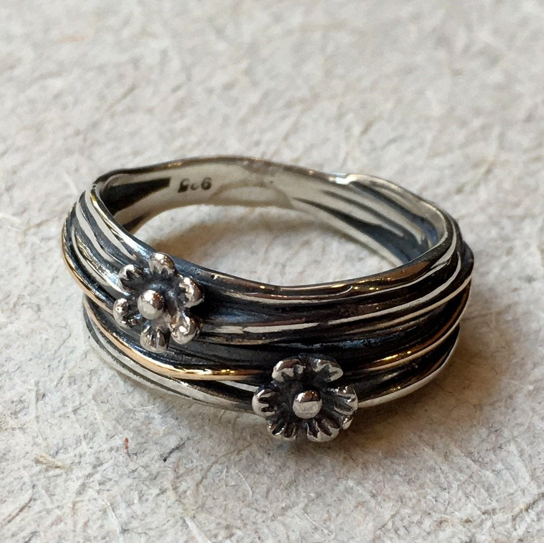 Sterling silver band, wire wrap band, oxidised band, floral band, boho ring, bohemian ring, floral ring, simple band - Two Flowers R2372