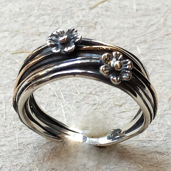 Sterling silver band, wire wrap band, oxidised band, floral band, boho ring, bohemian ring, floral ring, simple band - Two Flowers R2372