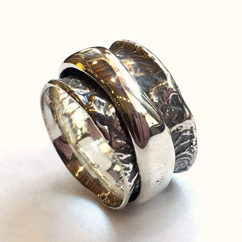 Rustic unisex band, chunky ring, unique wedding ring, silver band, spinner ring, bohemian ring, boho ring, biker ring - Eternity R1358CS