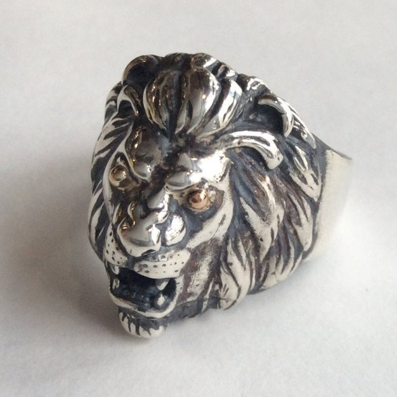 Mens leo ring, unisex lion ring, two tones ring, silver gold lion ring, oxidised lion ring, chunky statement ring, large - Good times  R2144