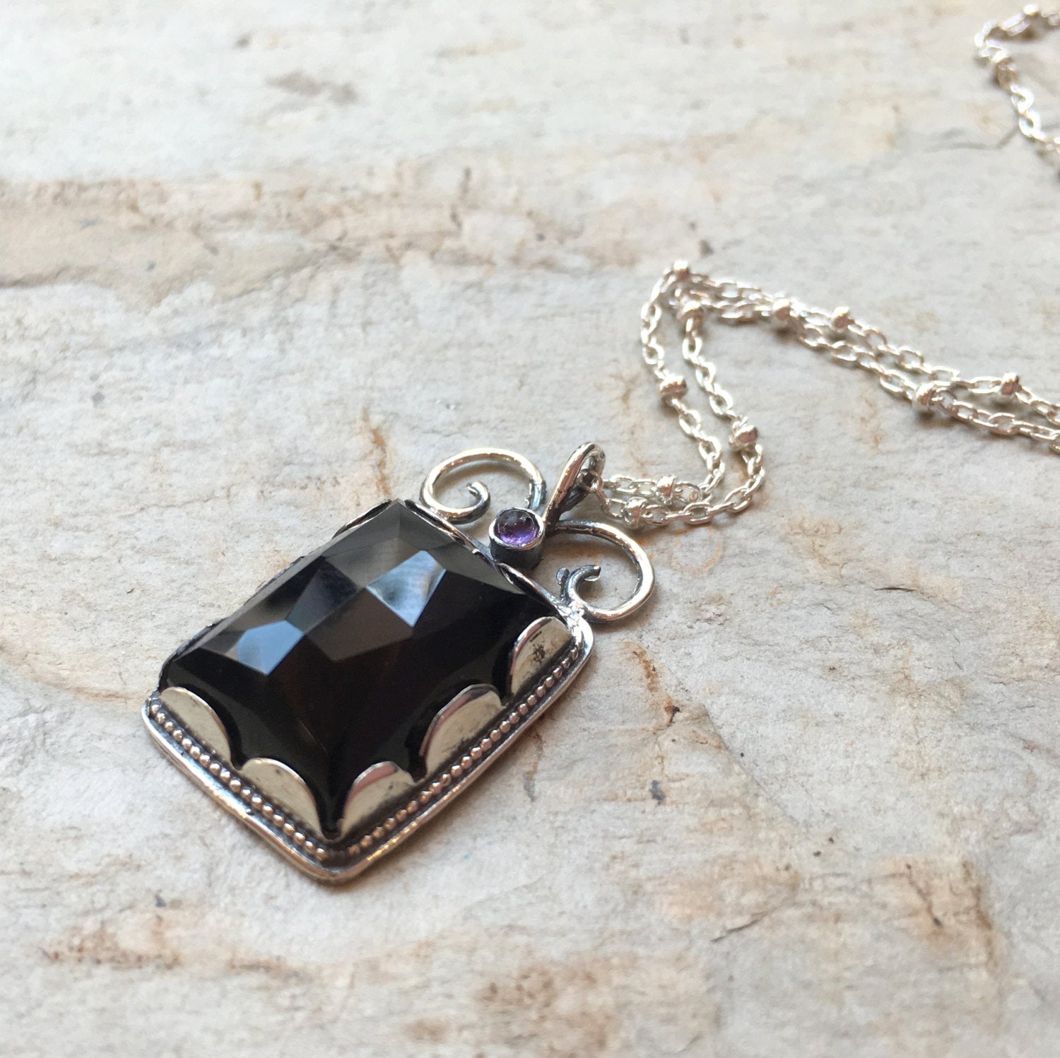 Onyx amethyst Necklace, gemstone necklace, Sterling silver pendant, bridal necklace, black pendant, crown setting - Once upon a time. N8837