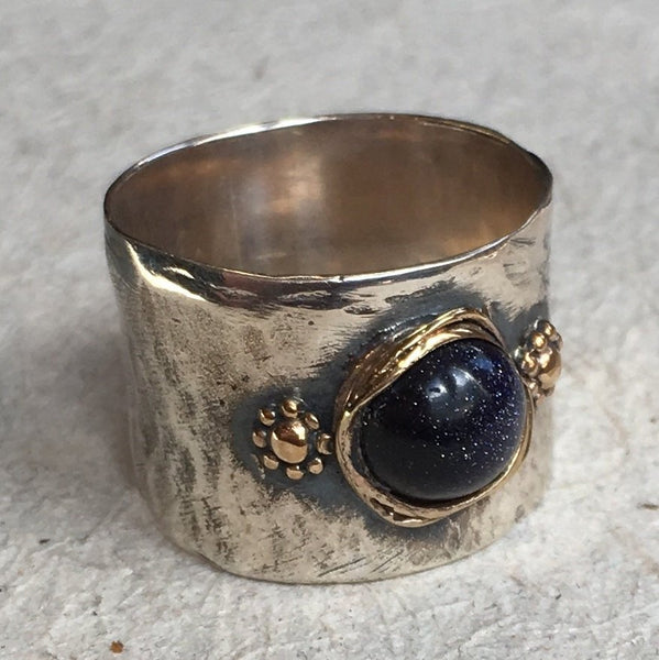 Silver gold blue goldstone hammered ring 