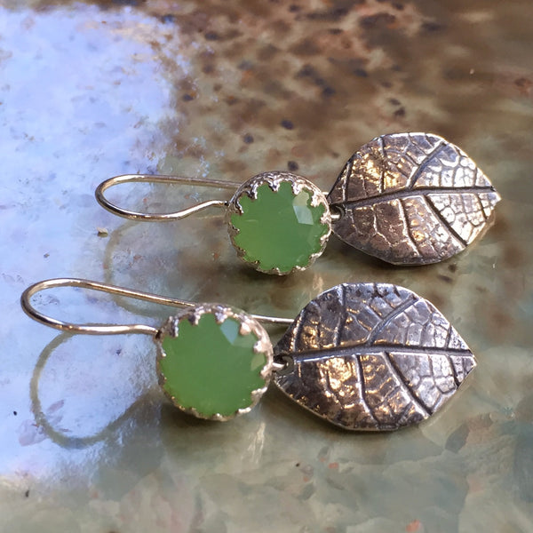 Jade earrings, Sterling silver earrings, botanical earrings, leaf earrings, woodland earrings, green stones earring - End of summer E8053