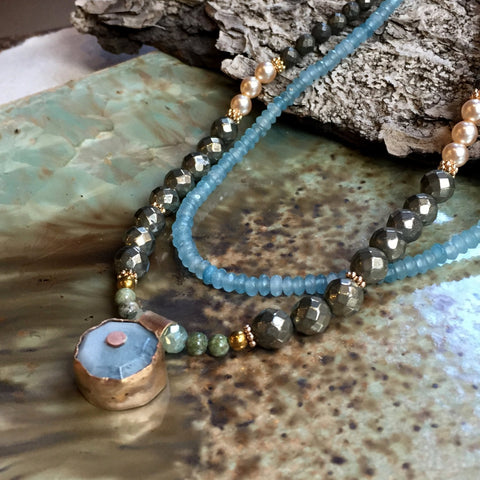 Aquamarine necklace, pyrite necklace, gemstone pendant, milky aquamarine necklace, double gold necklace, peach pearls - Aqua eyes N2037