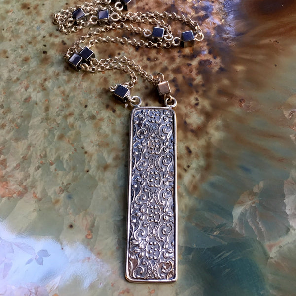 Silver Necklace, Silver Filigree pendant, Woodland Necklace, pyrite silver necklace, rectangle Pendant, long chain - Our Finest Days N2040
