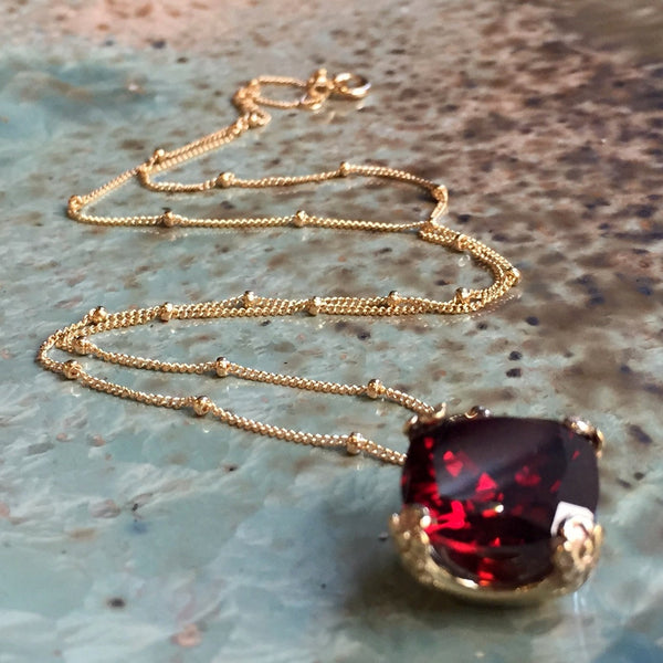 Garnet necklace, cushion cut stone pendant, floral pendant, golden brass pendant, January birthstone, twotone necklace - Hello spring N2039B