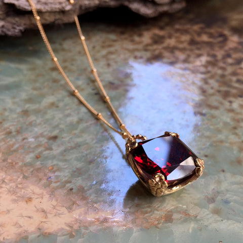 Garnet necklace, cushion cut stone pendant, floral pendant, golden brass pendant, January birthstone, gold necklace - Hello spring NK2039